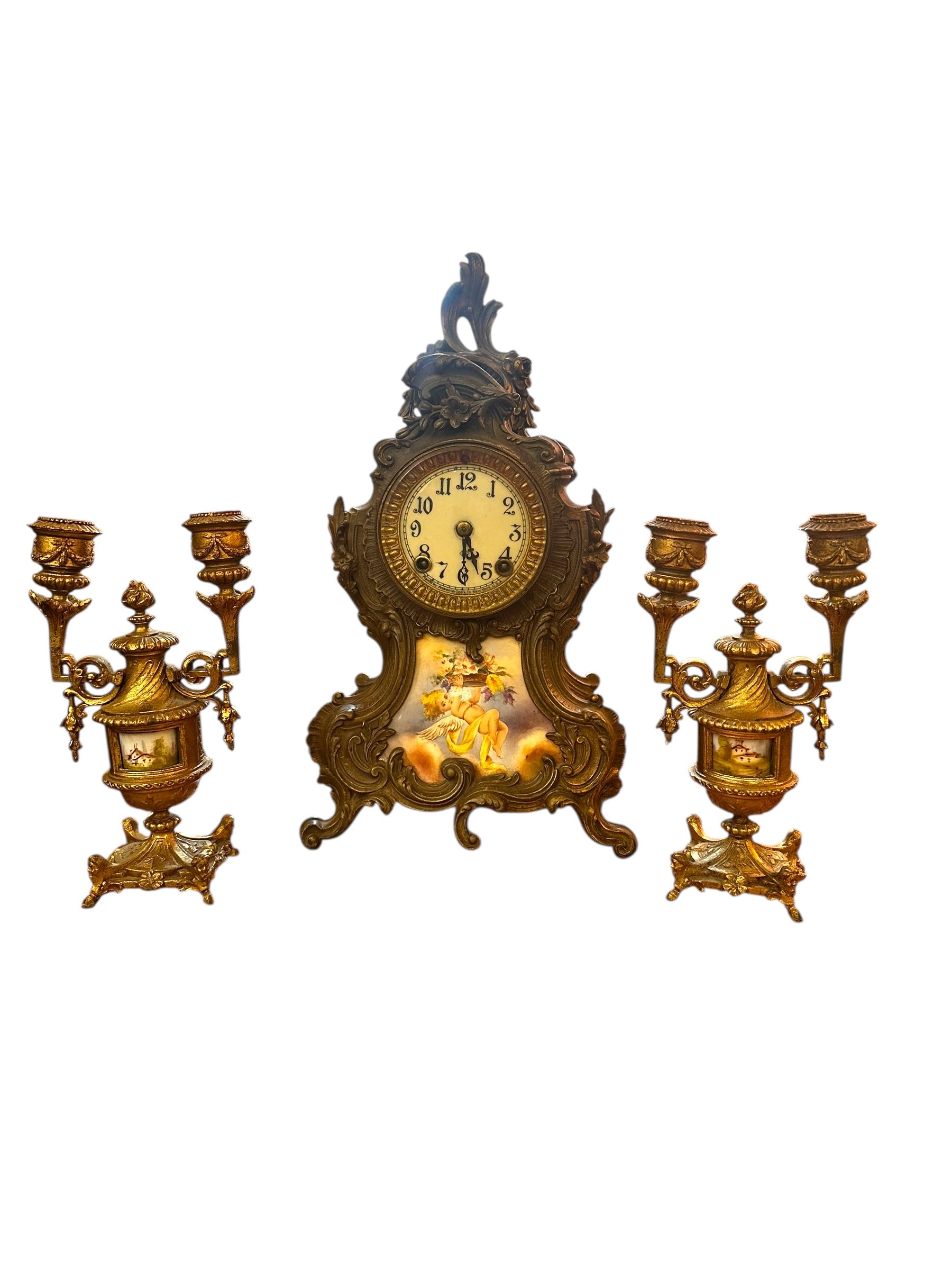 Antique Ansonia Co NY Brass and Porcelain & Clock with 2 Candelabras - 3 Piece Garniture Set