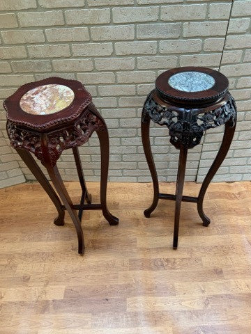 Chinese Hand Carved Rosewood Marble Top Pedestal Table/Plant Stand - Set of 2