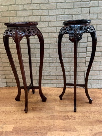 Chinese Hand Carved Rosewood Marble Top Pedestal Table/Plant Stand - Set of 2