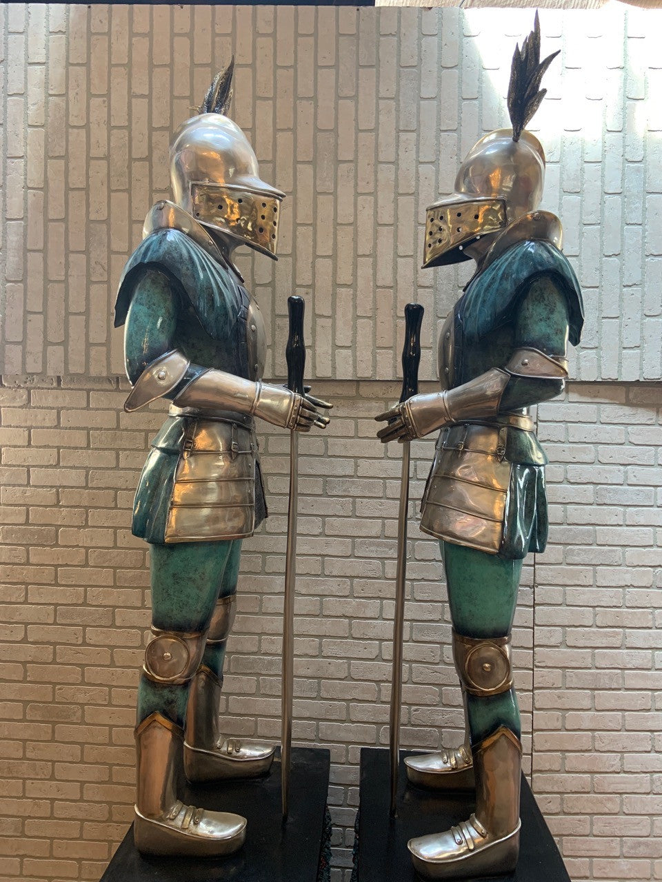 Life Size Medieval Knight Statues Casting Antique Metal Bronze Knight with Sword Statue Glazed Patina on Mounted Bronze Stands - Pair