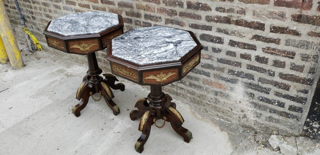 Antique French Regency Ormolu Octagon Inlaid Marble Top Side Tables - Pair