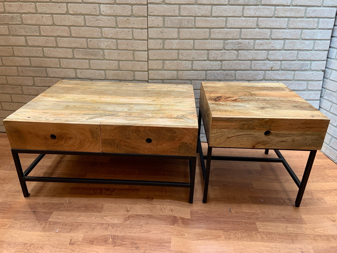 Industrial Rustic Hand Carved Teak Wood and Steel Side and Coffee Table - Set of 2
