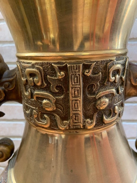 Large Brass Urn With Foo Dragon Handles - Pair