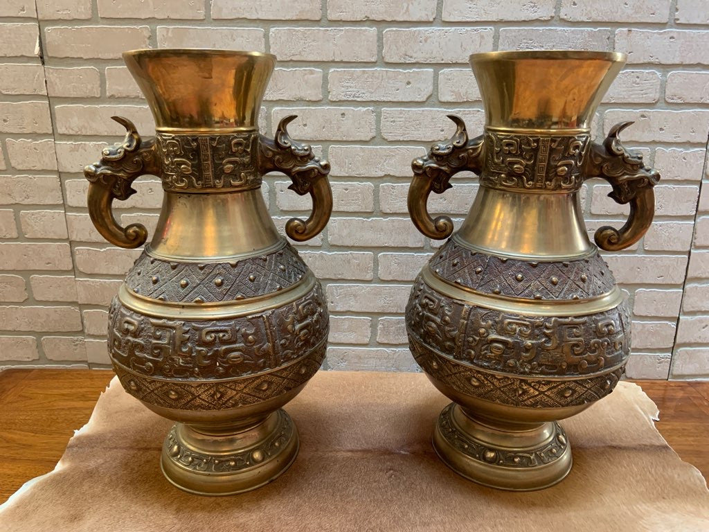 Large Brass Urn With Foo Dragon Handles - Pair