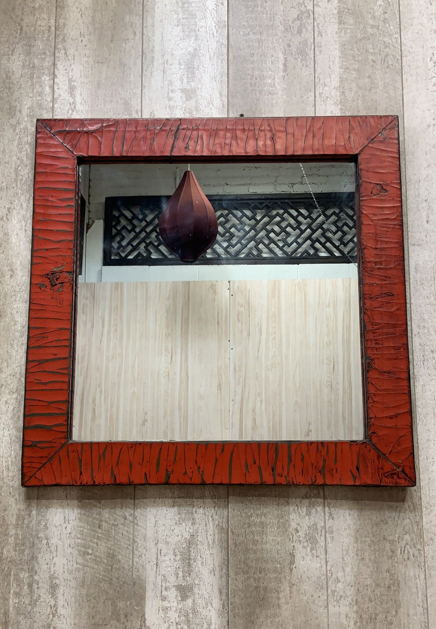 Vintage Chinese Red Linen Wrapped Square Mirror