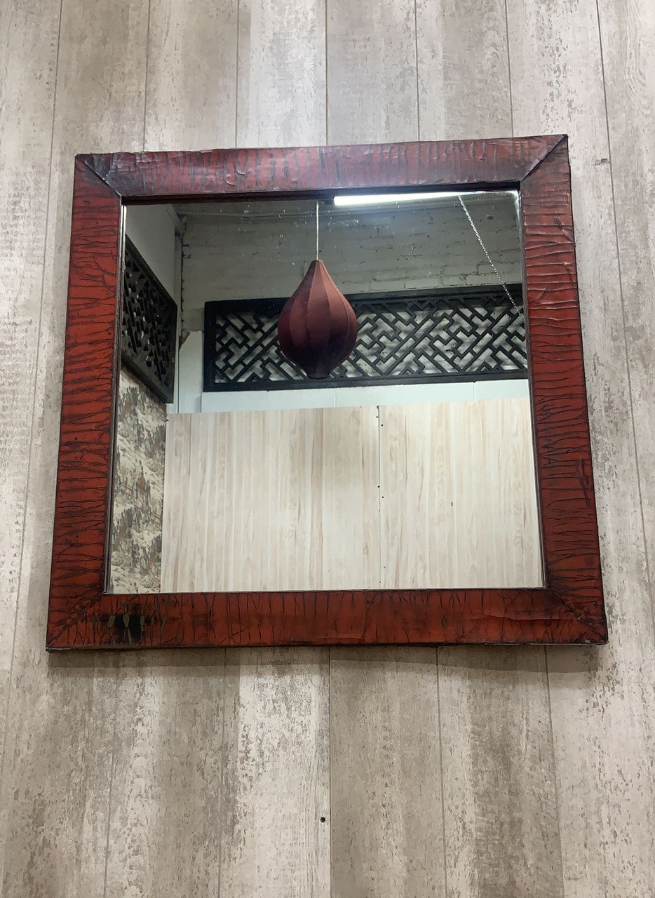 Vintage Shanxi Province Red Linen Wrapped Square Mirror
