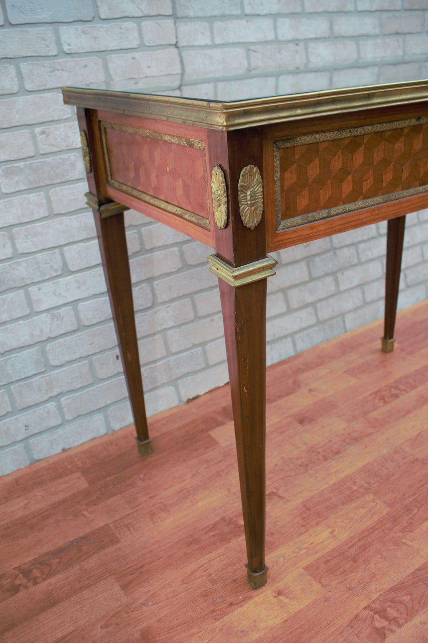 Louis XVI Style Mahogany and Walnut Cubed Parquetry with Brass Ormolu Side Table