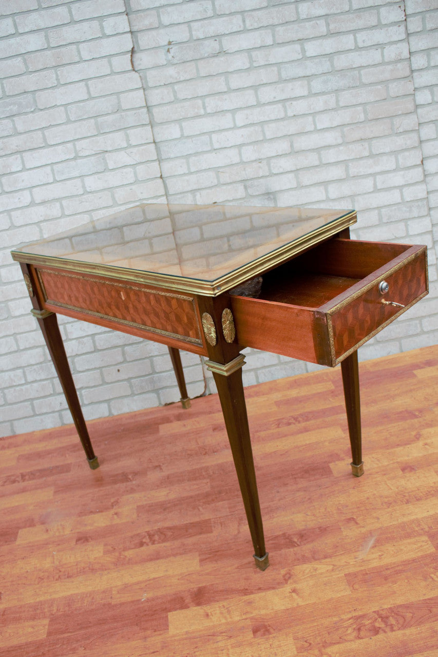 Louis XVI Style Mahogany and Walnut Cubed Parquetry with Brass Ormolu Side Table