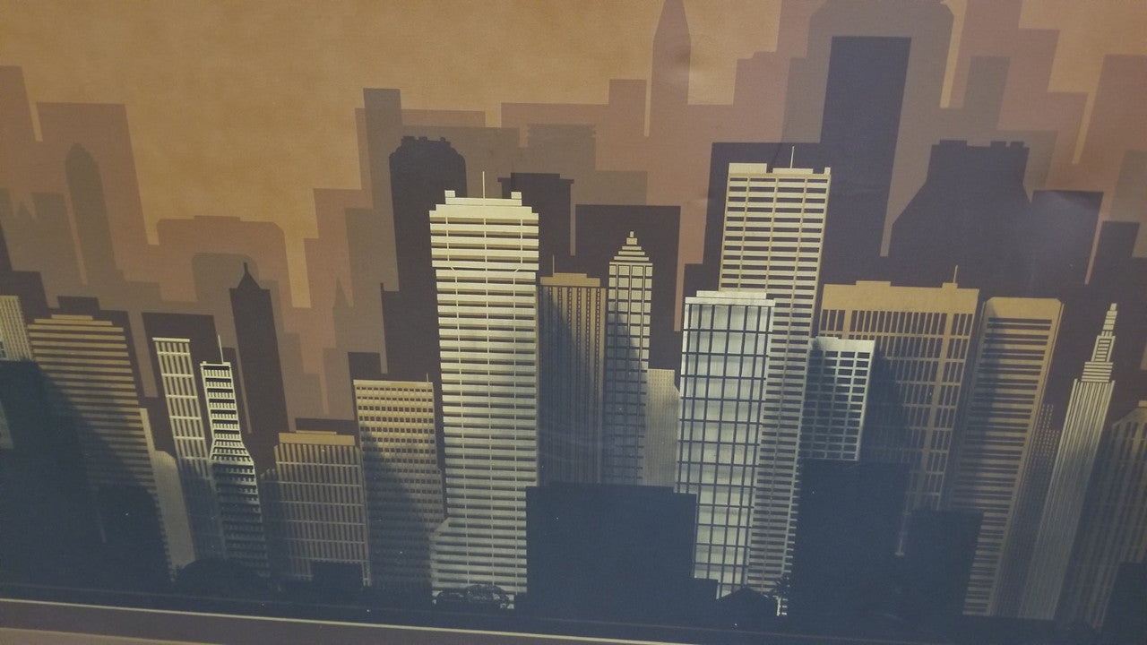 Abstract Skyline Painting on Canvas By Franco in a Gold Frame