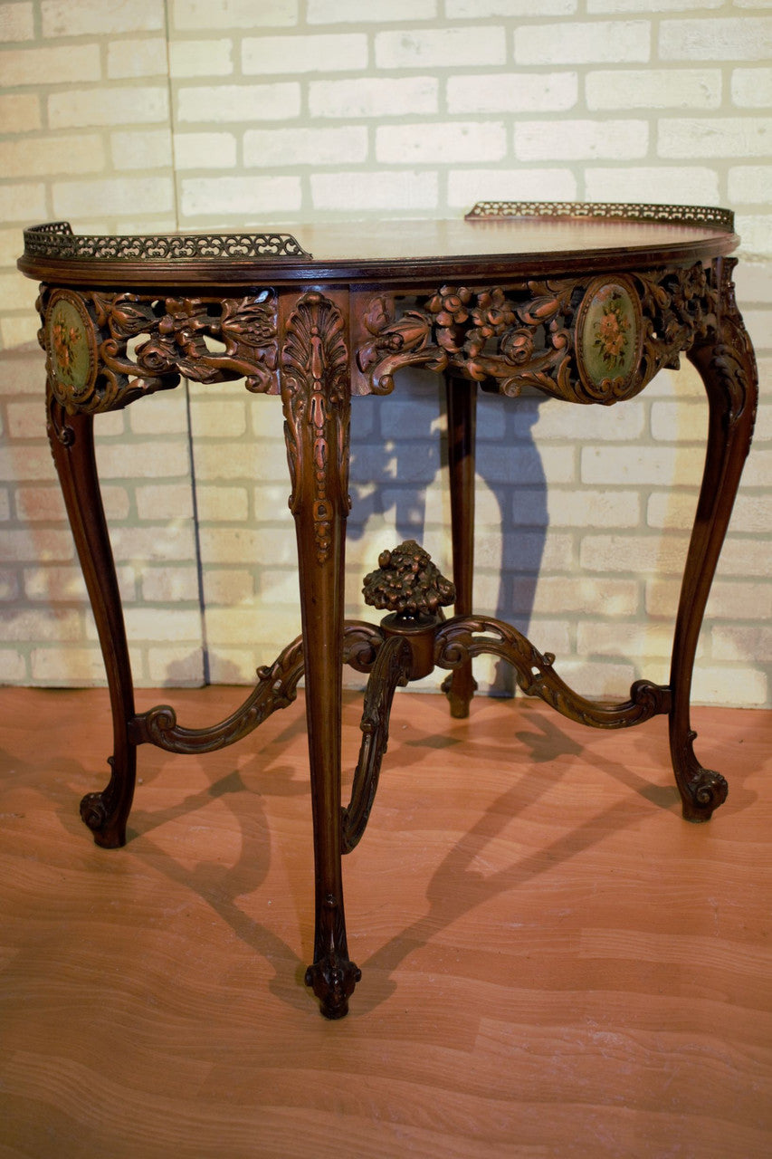 Antique Victorian Louis XV Style Carved Ornate Oval Top Side Table with Brass Rail