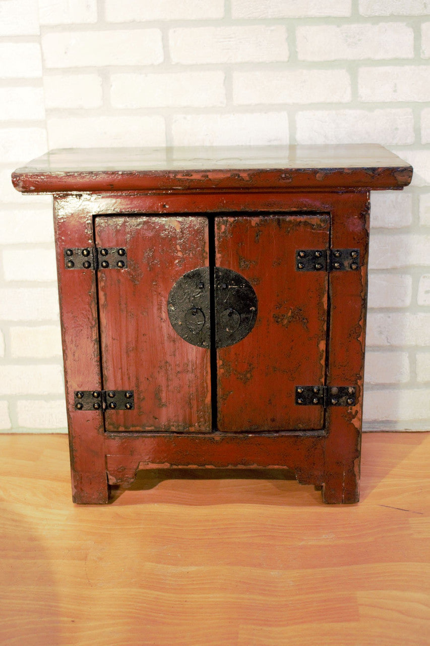 Antique Authentic Red Lacquer Kang 2 Door Storage Cabinet Box