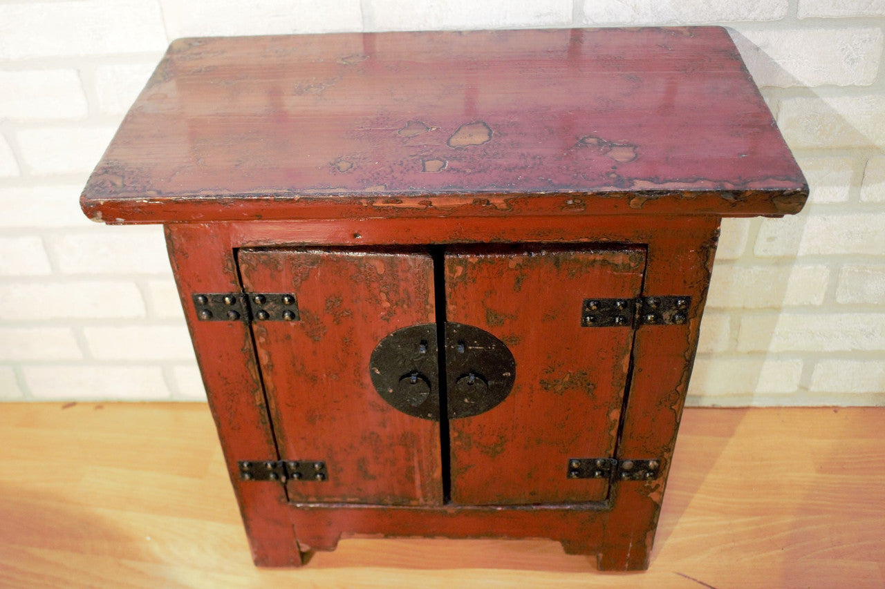 Antique Authentic Red Lacquer Kang 2 Door Storage Cabinet Box