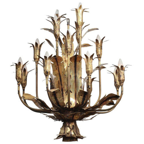 Mid Century Tom Greene Brutalist Torched Brass Chandelier