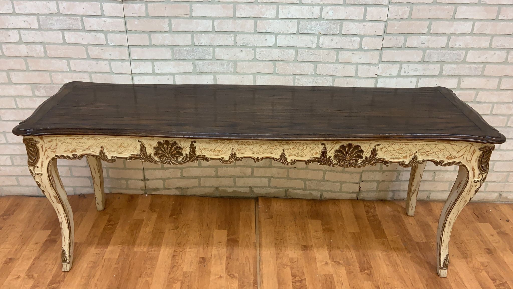 Vintage French Provincial Hand Carved Console Table with Cherry Wood Top