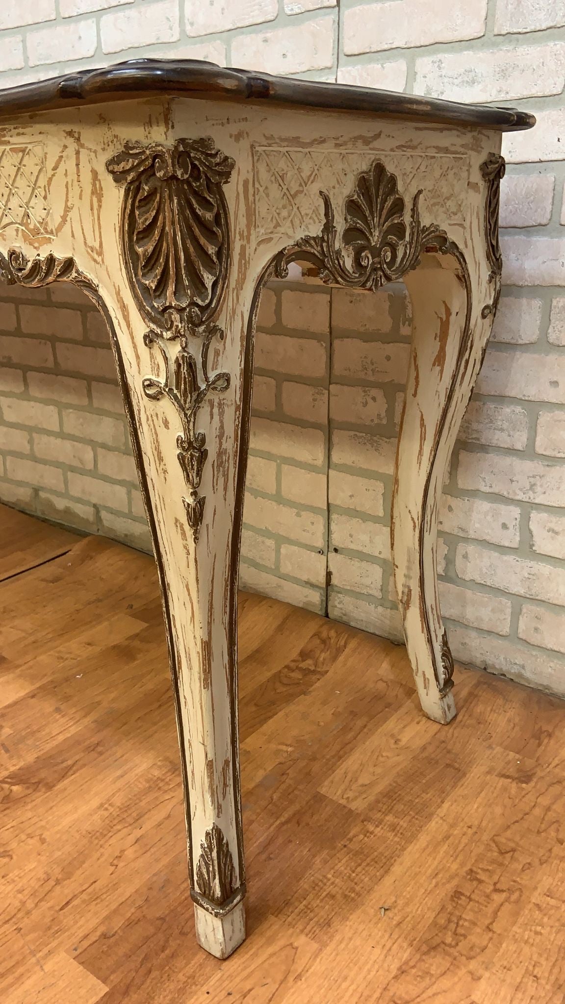 Vintage French Provincial Hand Carved Console Table with Cherry Wood Top