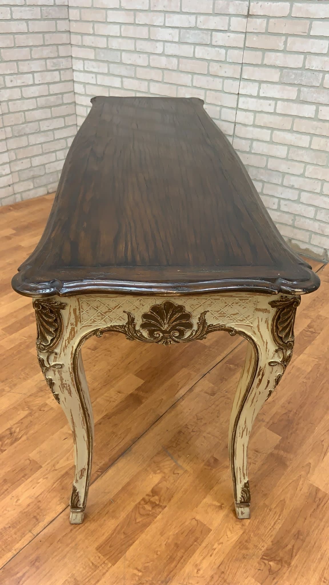 Vintage French Provincial Hand Carved Console Table with Cherry Wood Top