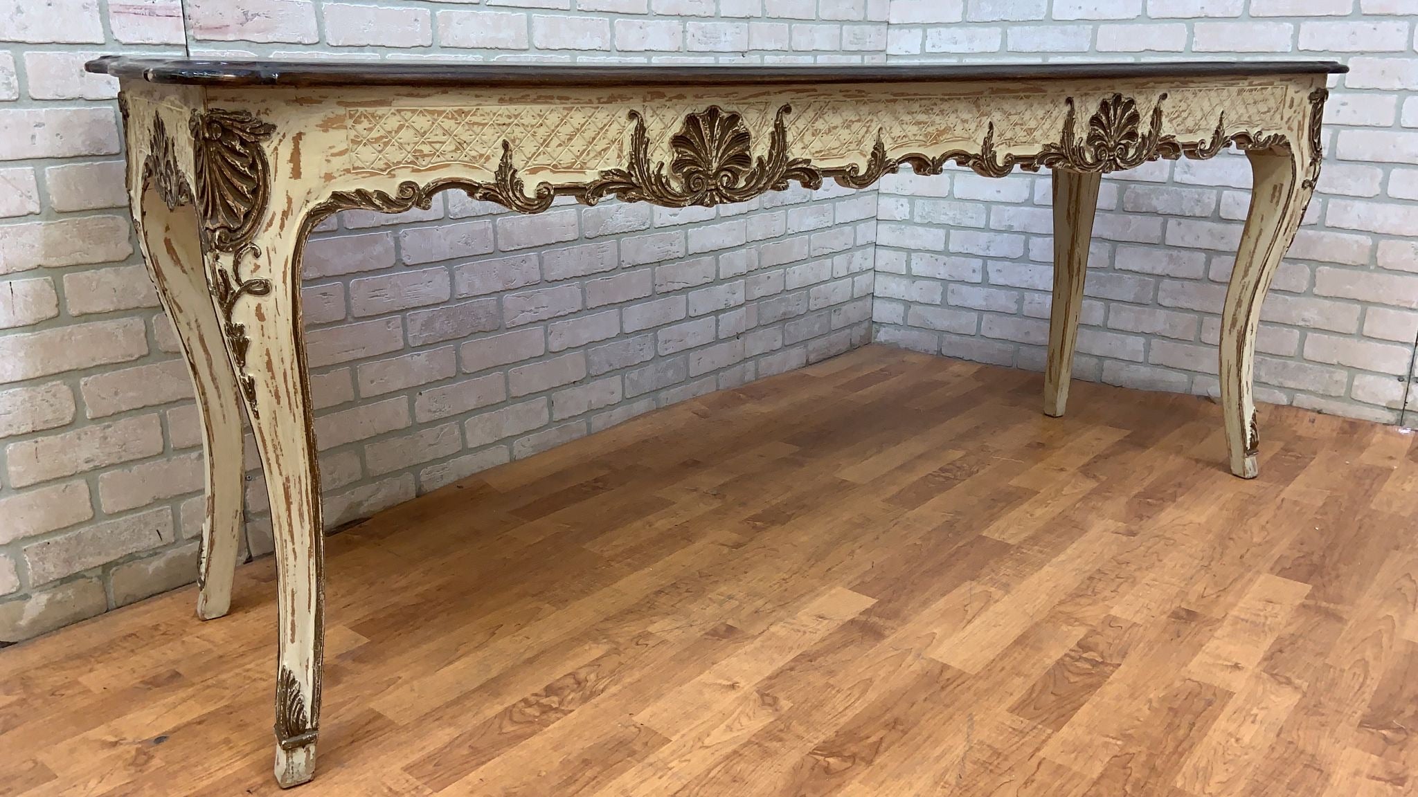 Vintage French Provincial Hand Carved Console Table with Cherry Wood Top
