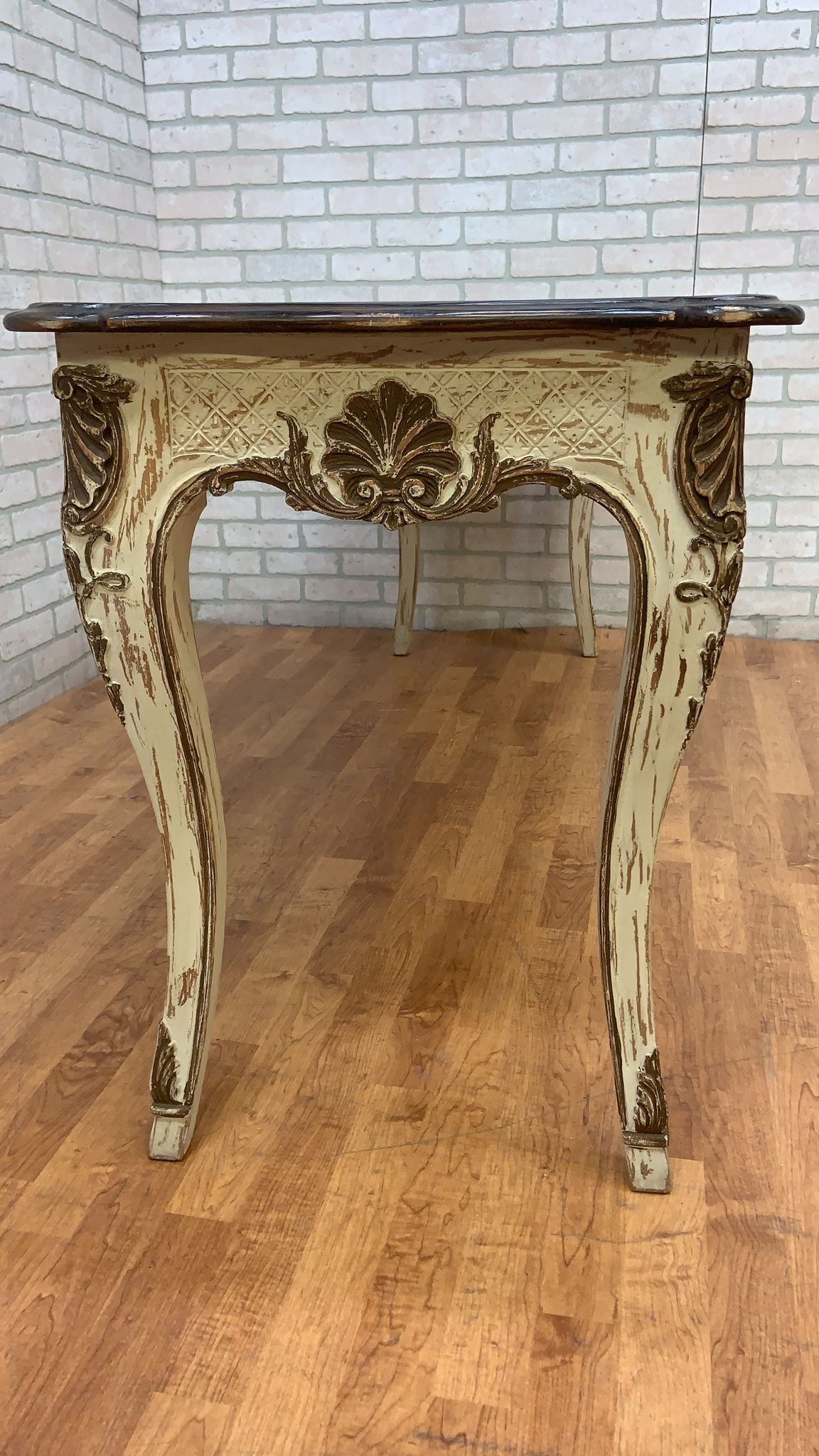 Vintage French Provincial Hand Carved Console Table with Cherry Wood Top