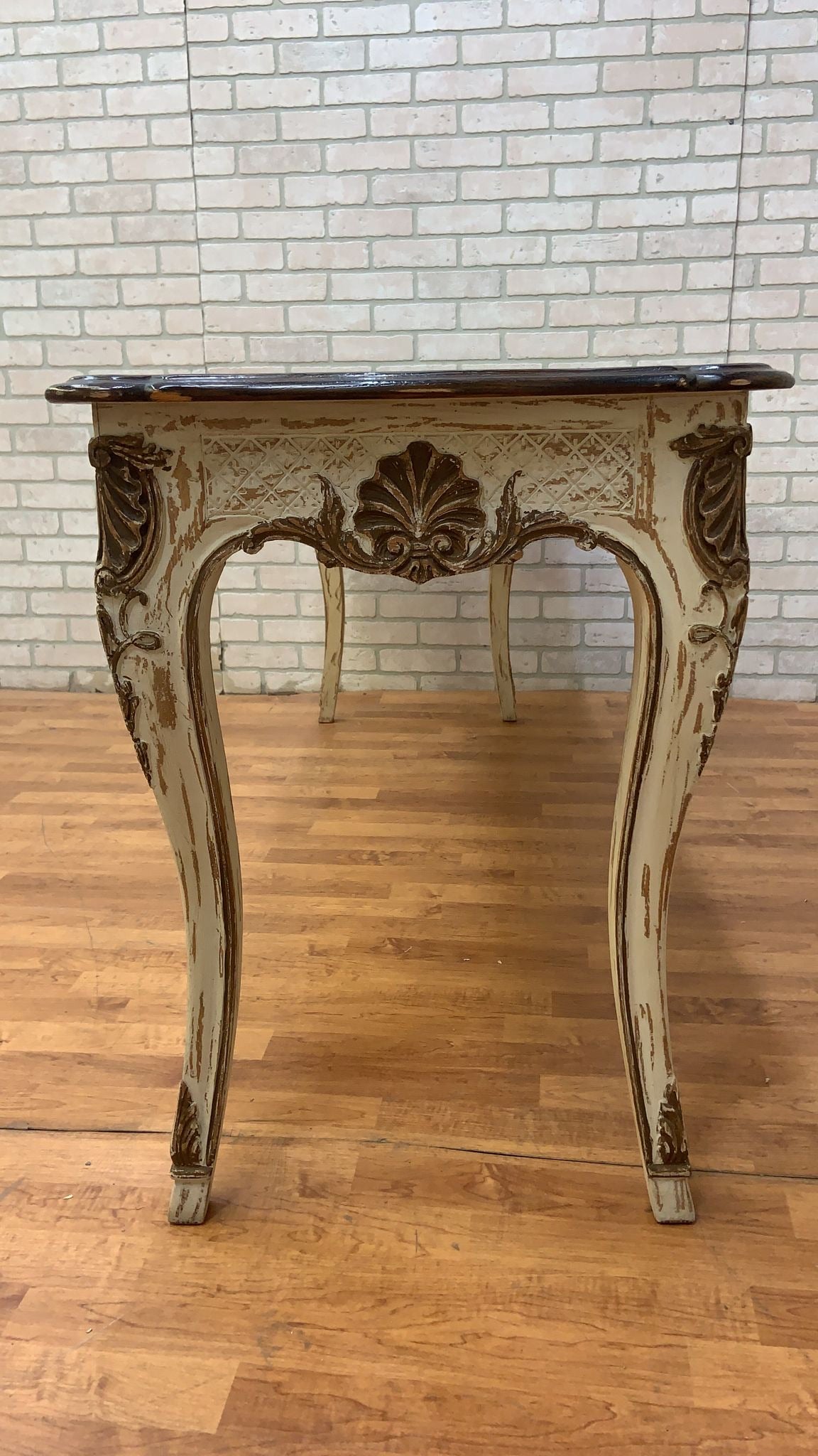 Vintage French Provincial Hand Carved Console Table with Cherry Wood Top