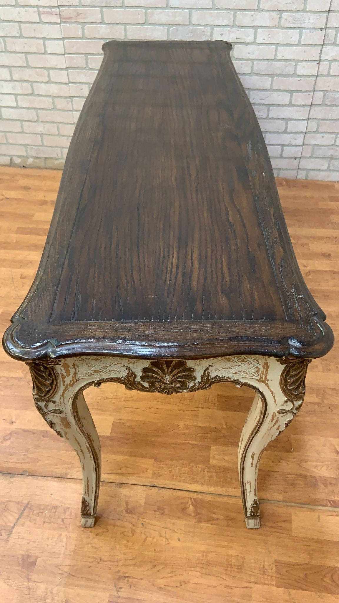Vintage French Provincial Hand Carved Console Table with Cherry Wood Top