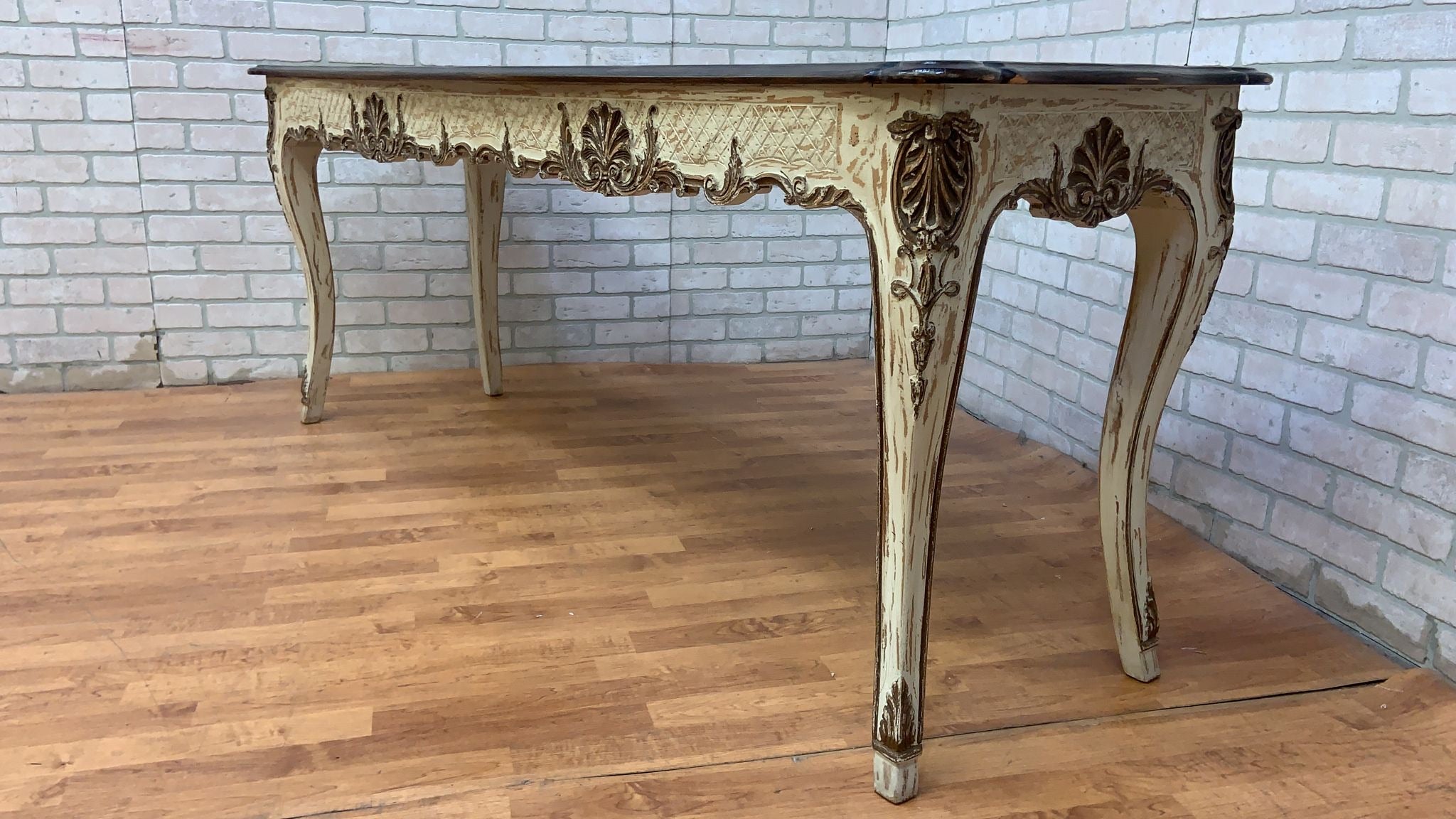 Vintage French Provincial Hand Carved Console Table with Cherry Wood Top