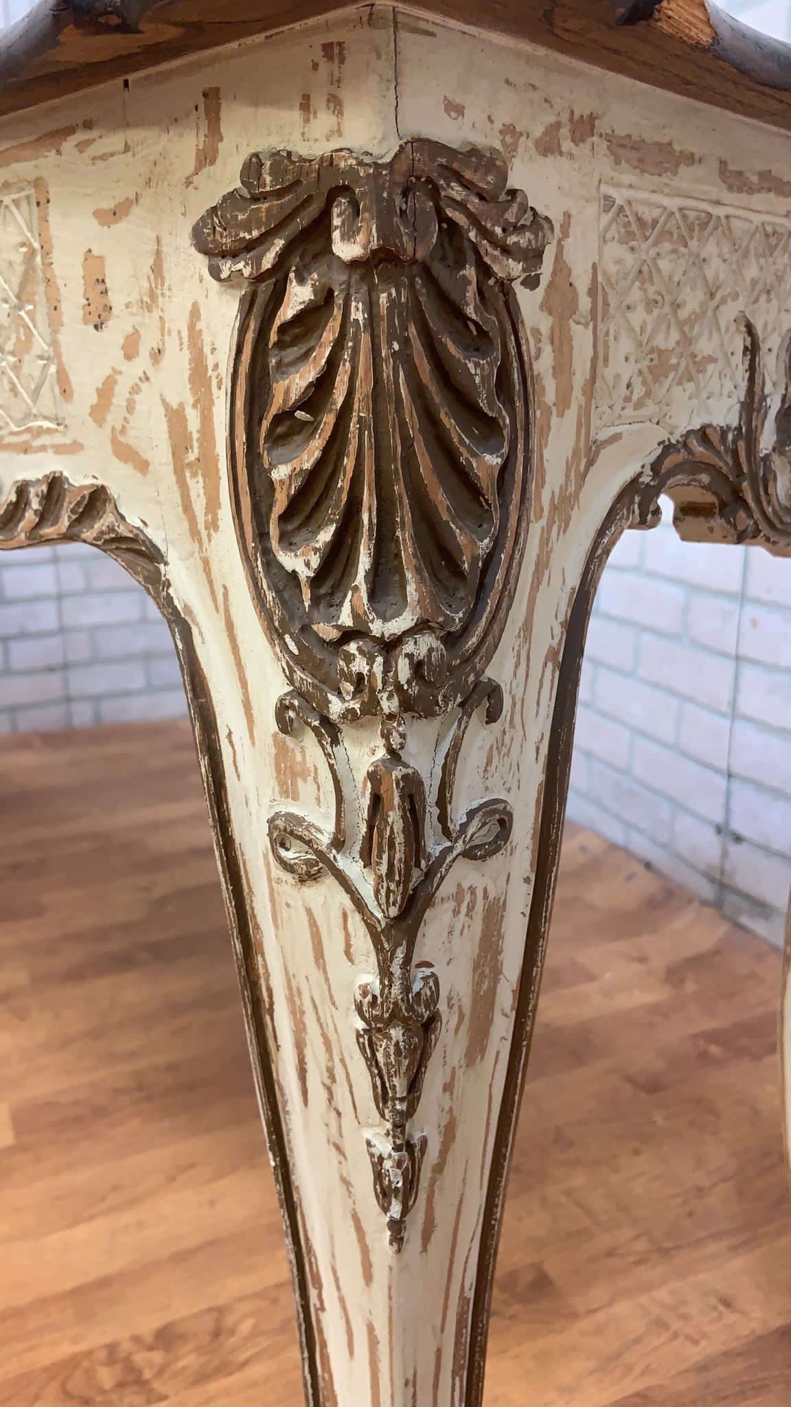 Vintage French Provincial Hand Carved Console Table with Cherry Wood Top