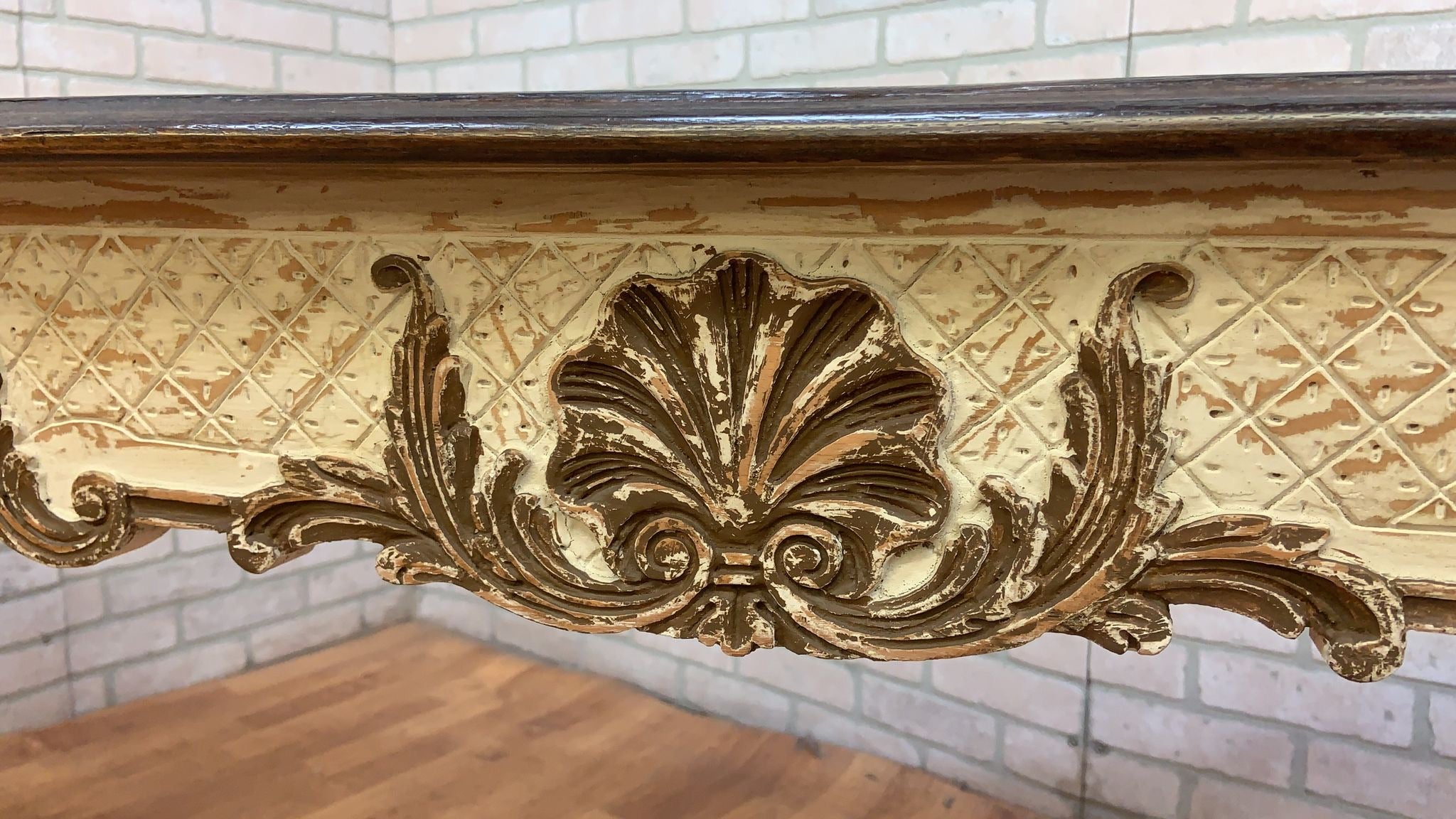 Vintage French Provincial Hand Carved Console Table with Cherry Wood Top