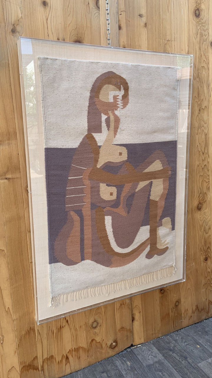 Vintage Boho Hand Woven Pablo Picasso's Seated Bather Wall Hanging Tapestry in Acrylic Case