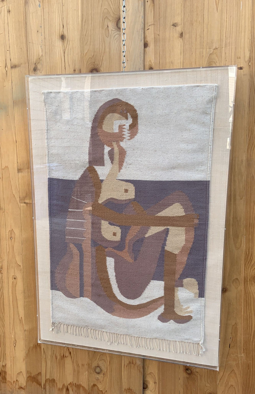 Vintage Boho Hand Woven Pablo Picasso's Seated Bather Wall Hanging Tapestry in Acrylic Case