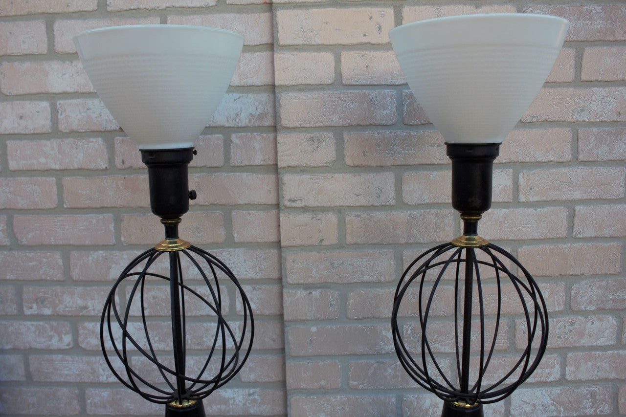 Mid Century Modern Atomic Table Lamps with Porcelain Shades - Pair