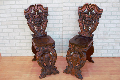 Antique Italian Renaissance Revival Carved Ornate Figural Walnut Hall Side Chairs - Pair
