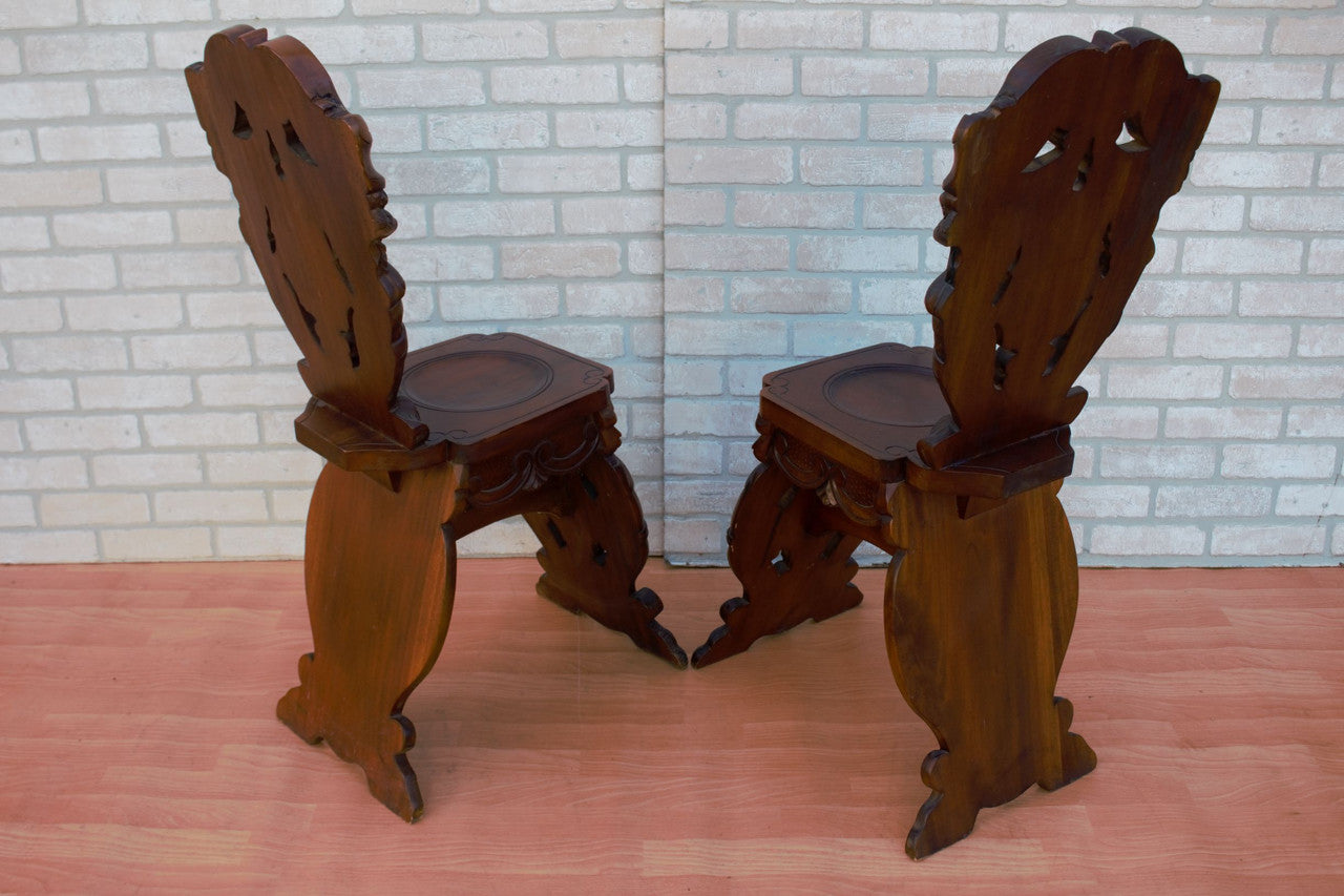 Antique Italian Renaissance Revival Carved Ornate Figural Walnut Hall Side Chairs - Pair