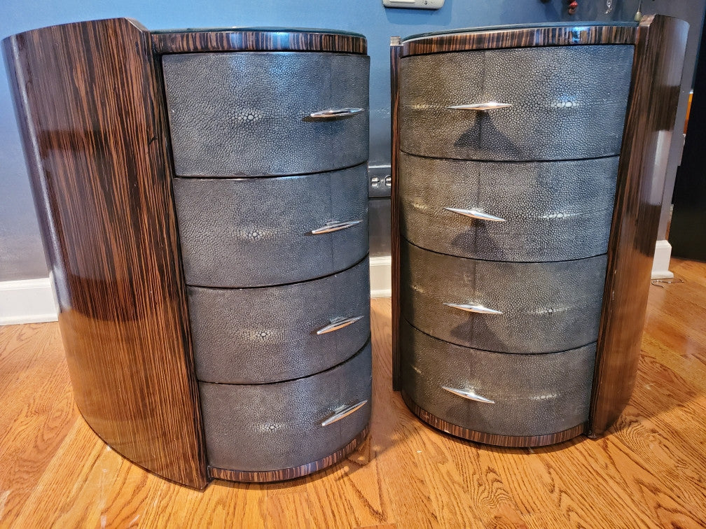 Jonathan Charles Macassar and Anthracite Shagreen Oval Bedside Chests - Pair