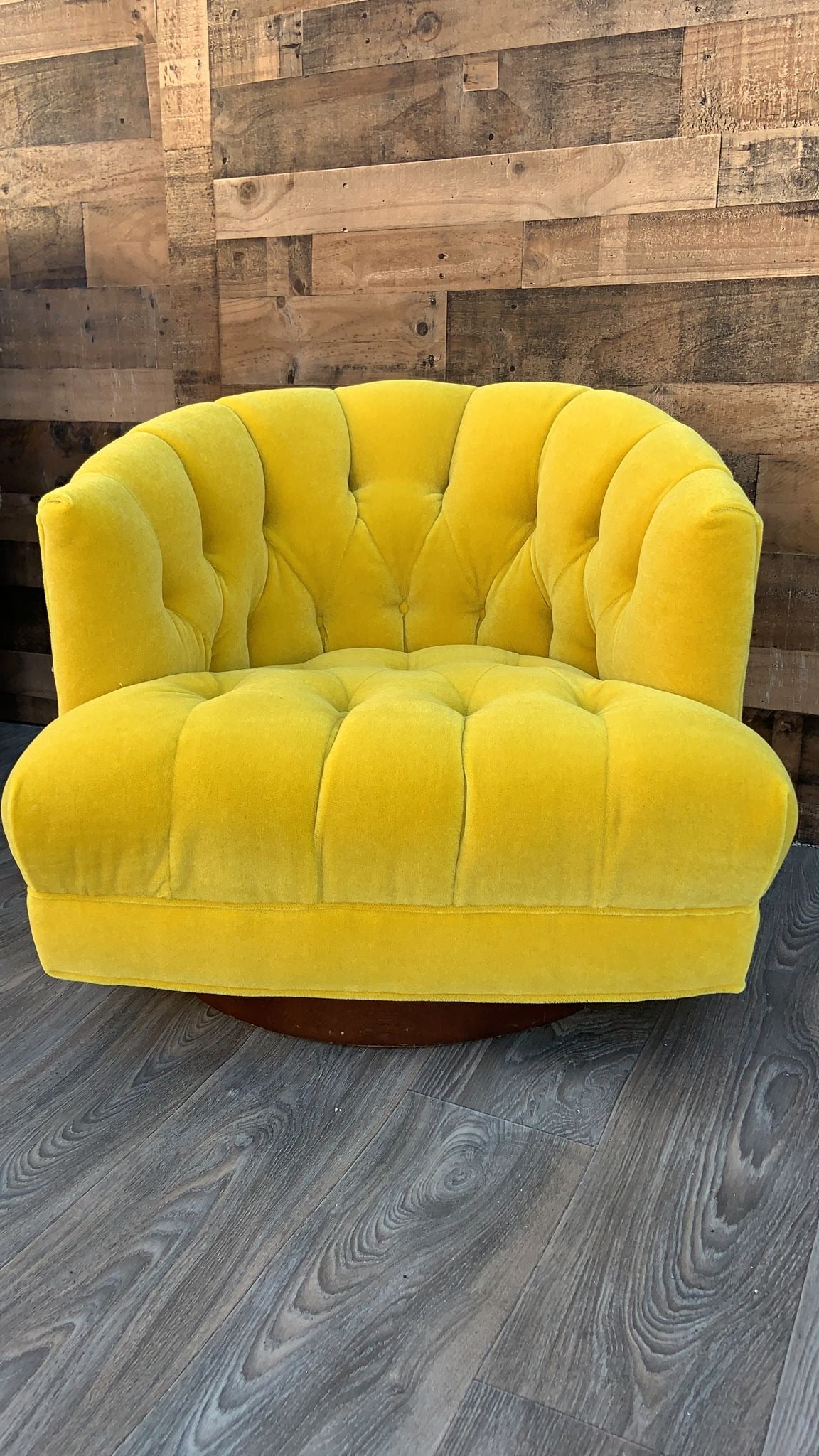 Mid Century Modern Tufted Barrel Back Swivel Lounge Chair Newly Reupholstered in Yellow Mohair