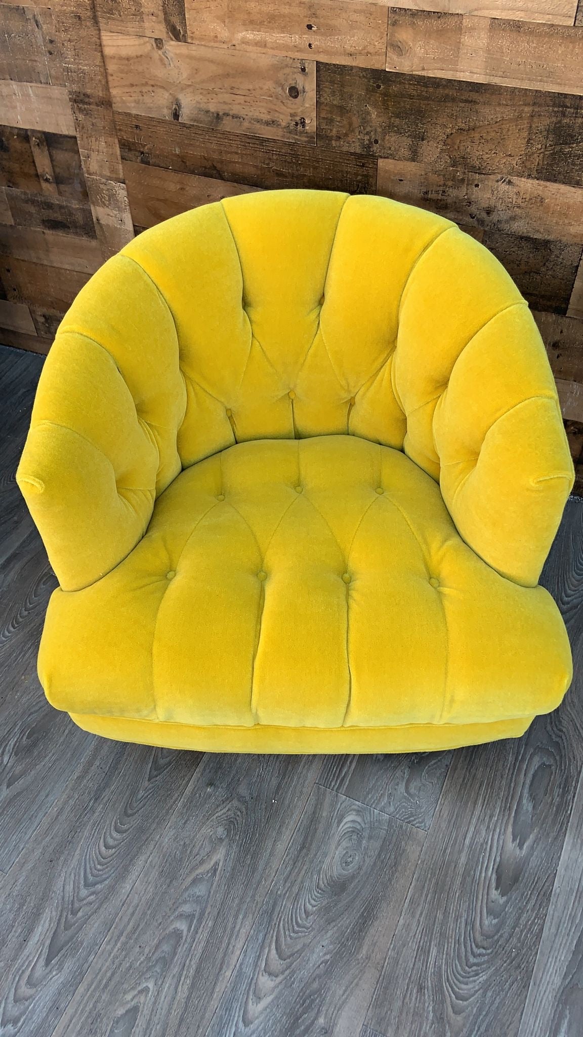 Mid Century Modern Tufted Barrel Back Swivel Lounge Chair Newly Reupholstered in Yellow Mohair