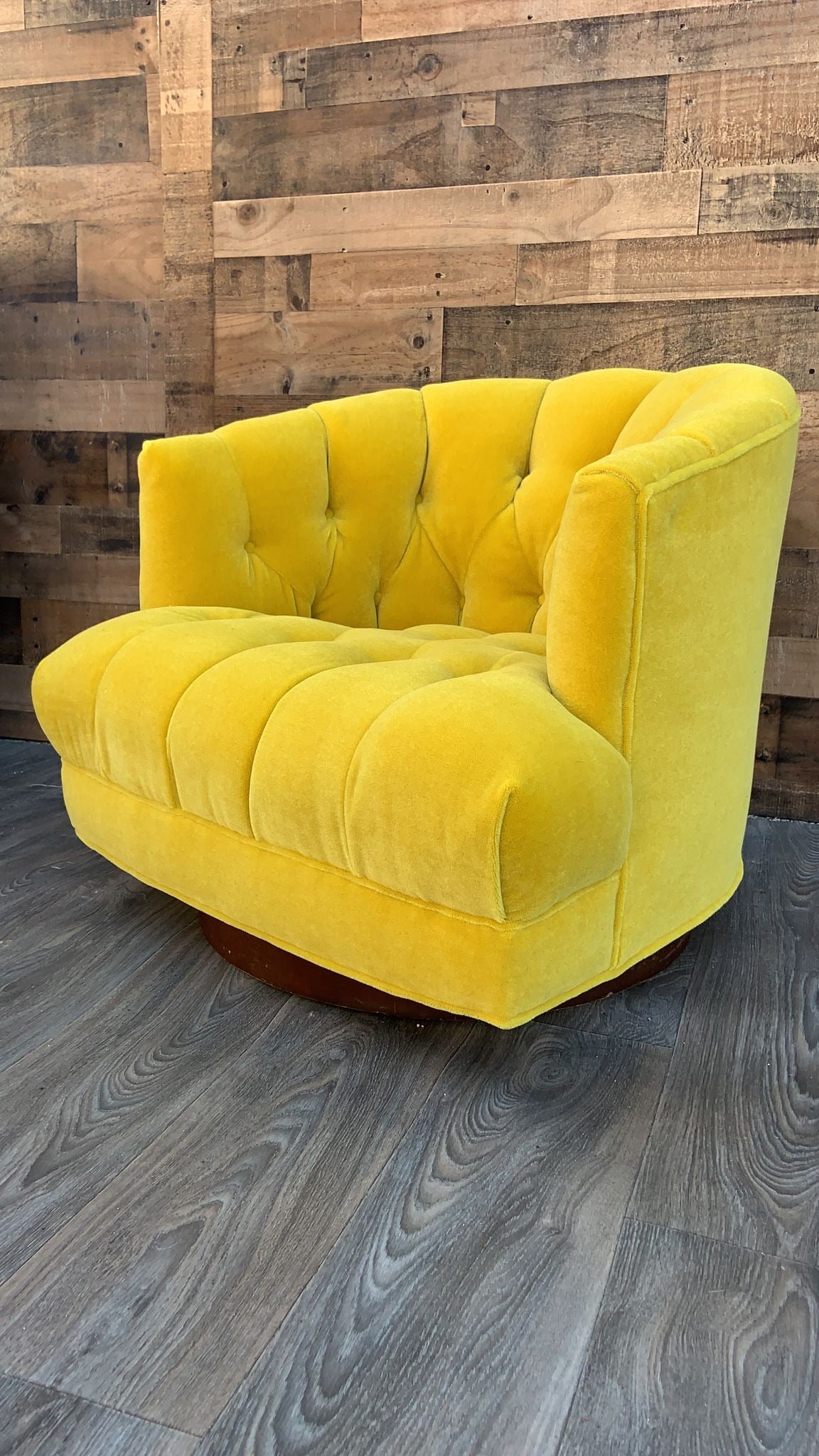 Mid Century Modern Tufted Barrel Back Swivel Lounge Chair Newly Reupholstered in Yellow Mohair