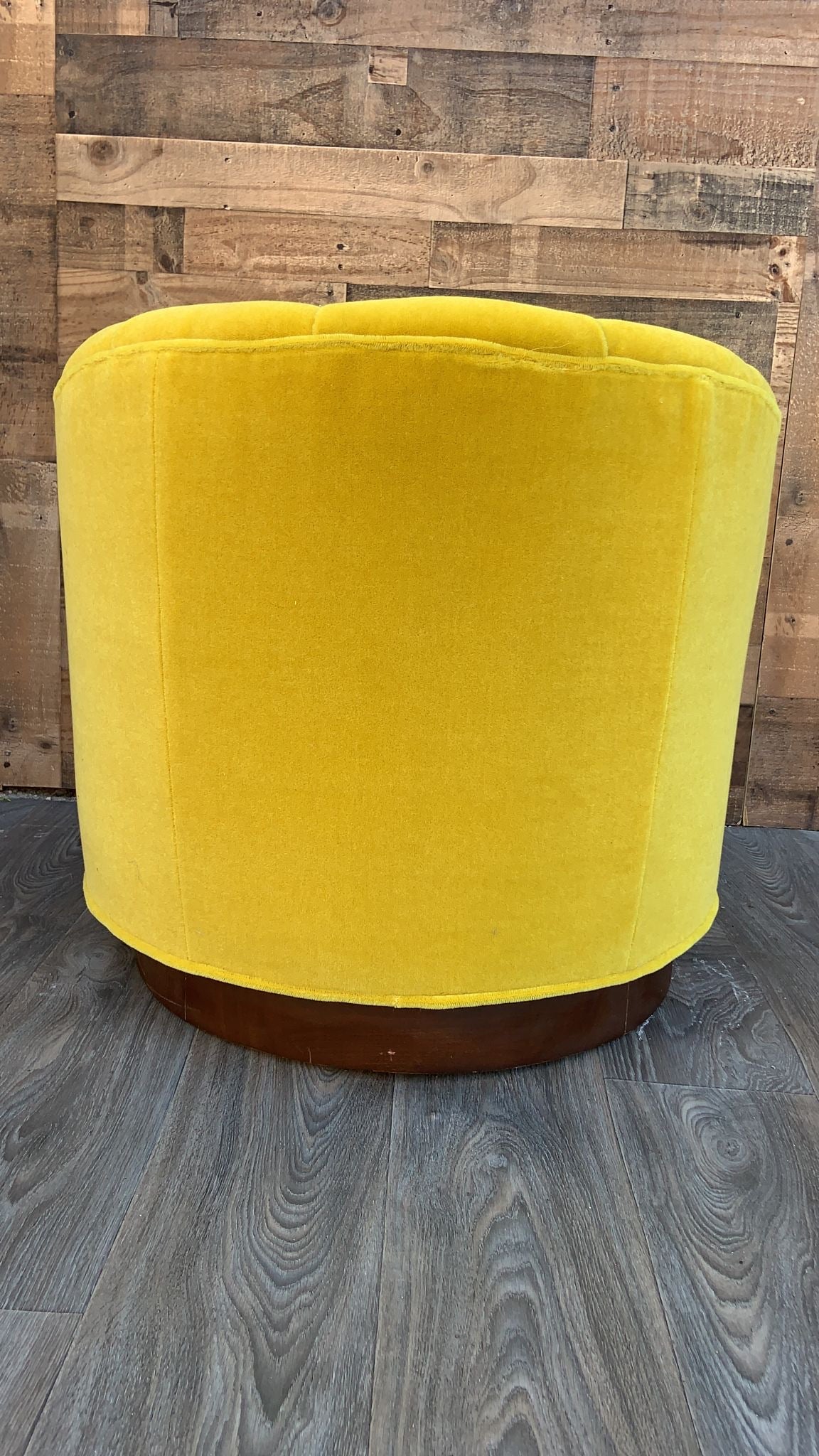 Mid Century Modern Tufted Barrel Back Swivel Lounge Chair Newly Reupholstered in Yellow Mohair