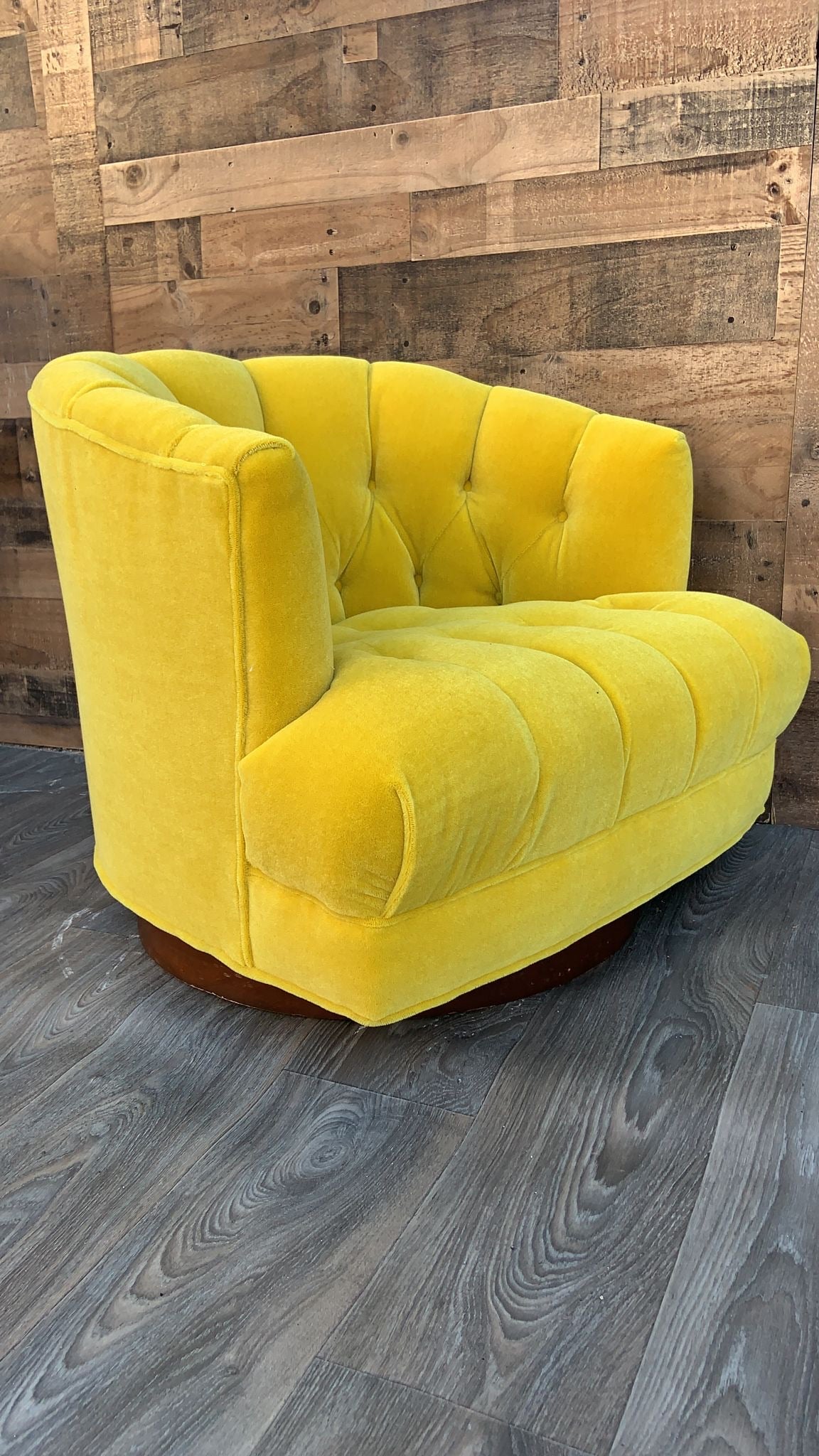Mid Century Modern Tufted Barrel Back Swivel Lounge Chair Newly Reupholstered in Yellow Mohair
