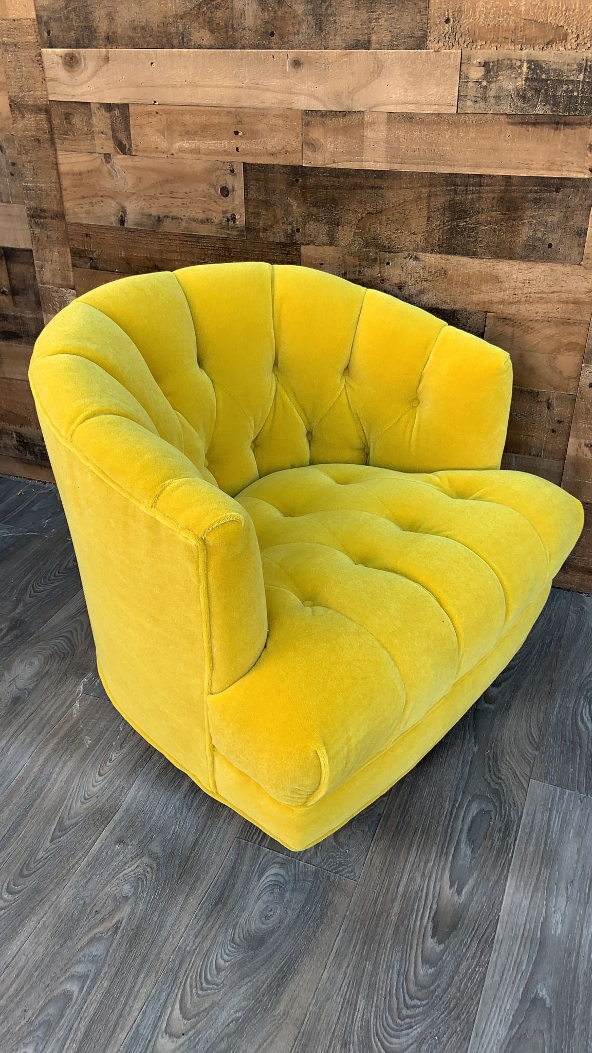 Mid Century Modern Tufted Barrel Back Swivel Lounge Chair Newly Reupholstered in Yellow Mohair