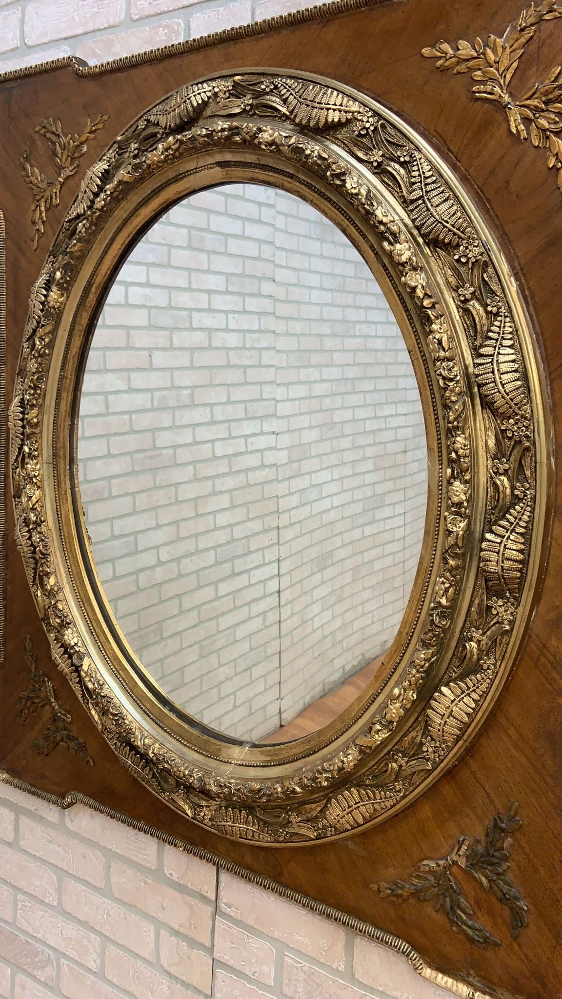 Antique Large French Napoleon III Caved Gold Gilded Wood Medallion Wall Mirror