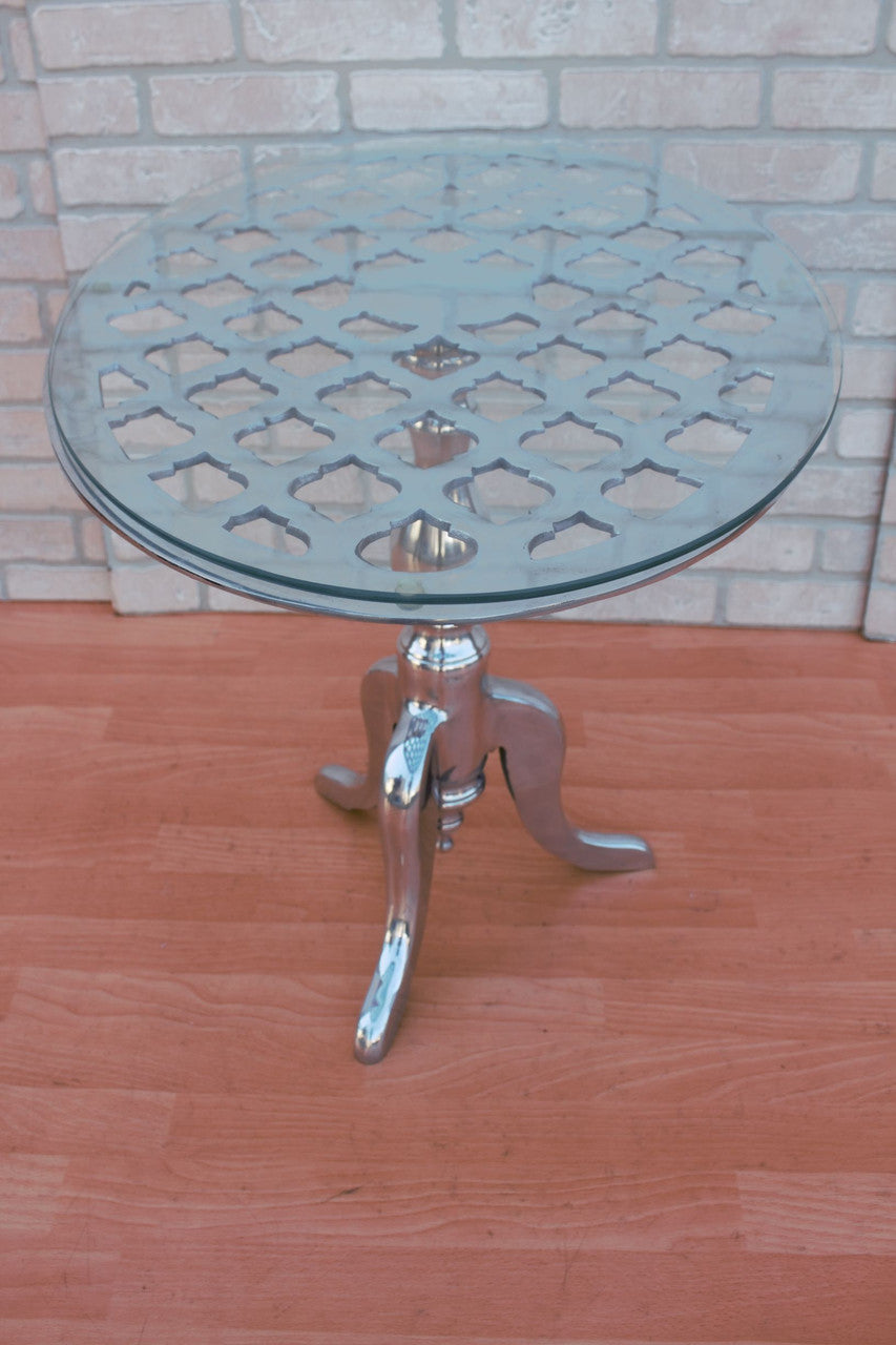 Vintage Oval Aluminum Glass Top Side Bistro Accent End Table