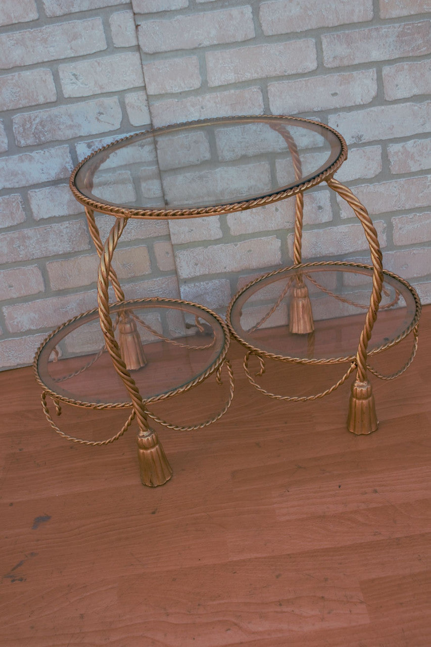 Hollywood Regency Italian Gold Gilt Rope and Tassel 2 Tier Side Table