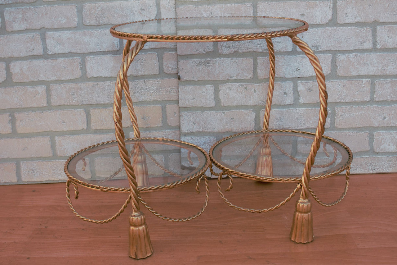 Hollywood Regency Italian Gold Gilt Rope and Tassel 2 Tier Side Table