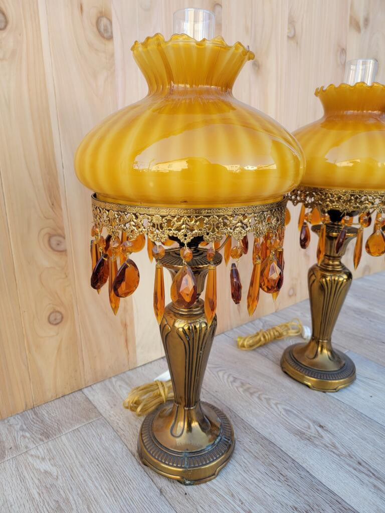 Vintage French Boudoir Style Electric Amber Glass Shade Oil Lamps - Pair