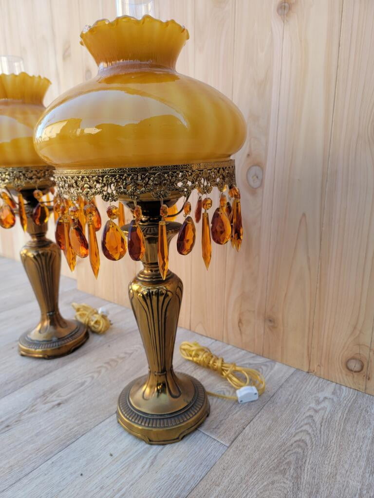 Vintage French Boudoir Style Electric Amber Glass Shade Oil Lamps - Pair