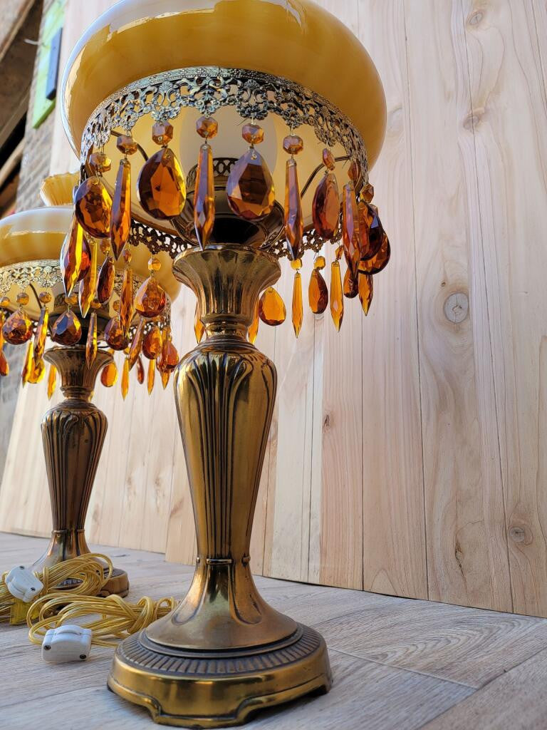 Vintage French Boudoir Style Electric Amber Glass Shade Oil Lamps - Pair