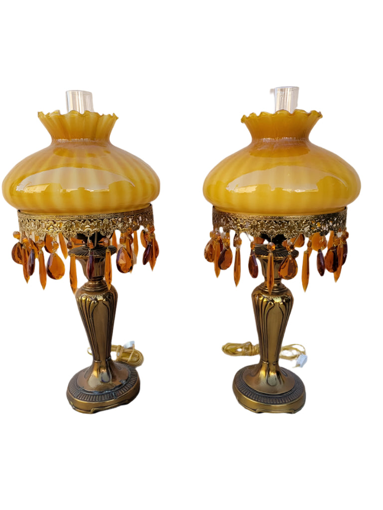 Vintage French Boudoir Style Electric Amber Glass Shade Oil Lamps - Pair
