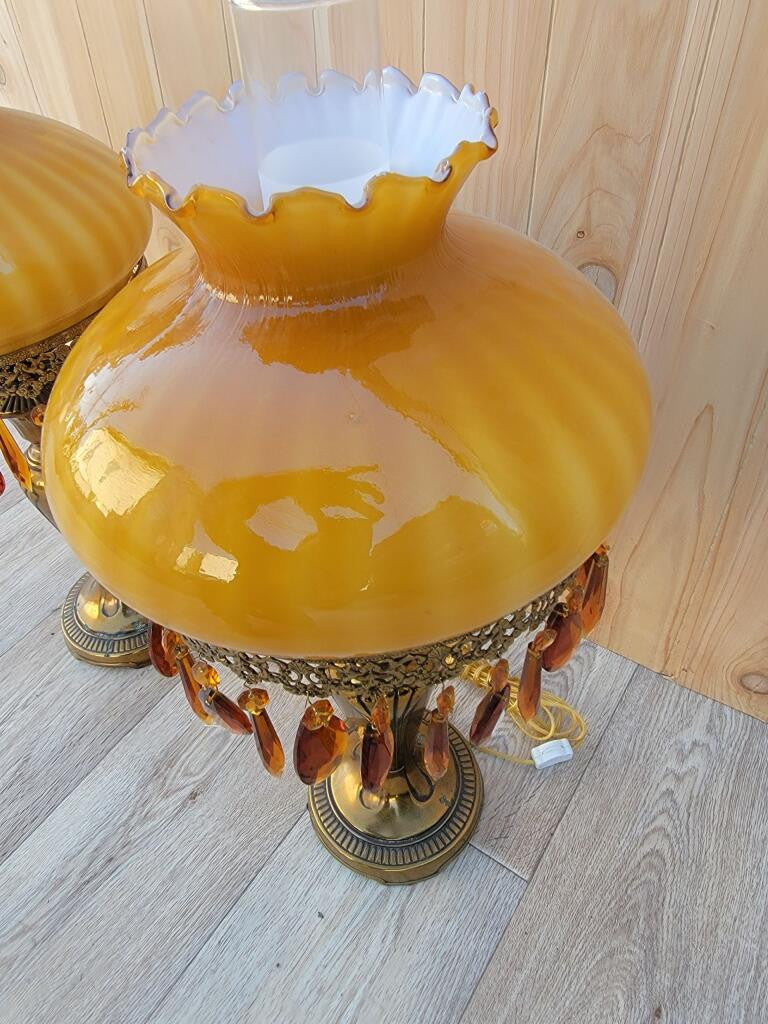 Vintage French Boudoir Style Electric Amber Glass Shade Oil Lamps - Pair