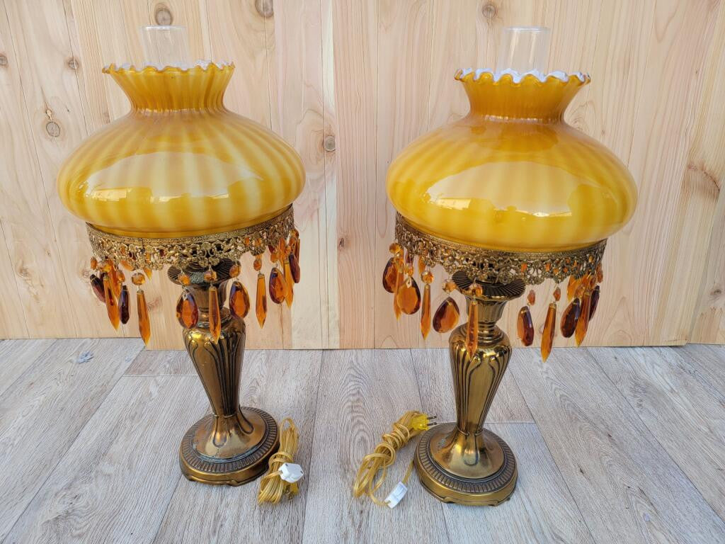 Vintage French Boudoir Style Electric Amber Glass Shade Oil Lamps - Pair