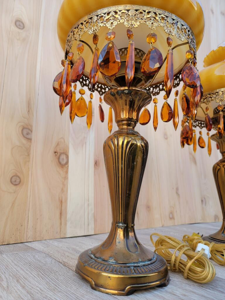 Vintage French Boudoir Style Electric Amber Glass Shade Oil Lamps - Pair
